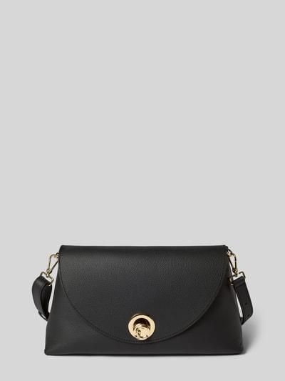 Produktfoto, Handtasche aus echtem Leder Modell 'NIKLA' von Coccinelle in Schwarz mit goldfarbenem Verschluss, glatte Textur, abnehmbarer Schulterriemen, Hauptfach mit Überschlag, Innenfach mit Reißverschluss, Label-Detail