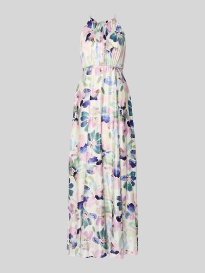 Produktfoto, Maxikleid aus Satin mit Bindegürtel von Jake*s Cocktail, pastellfarbener Allover-Look, Plisseefalten, A-Linie, florales Muster