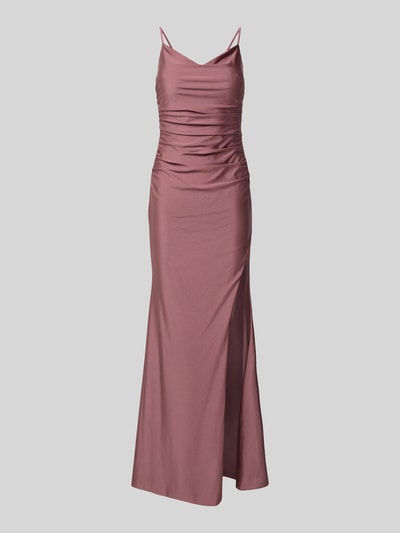 Produktfoto, Abendkleid mit seitlichem Gehschlitz und Wasserfall-Ausschnitt von Mascara aus Satin, Körpernaher-Schnitt, Maxikleid, Spaghettiträger, Haken-Reißverschluss, Rückenlänge 125 cm, Brustweite 40 cm, Farbe altrosa, glatte Satin-Optik.