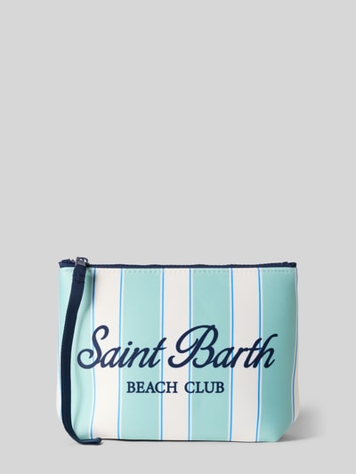 Produktfoto, Kosmetiktasche mit Label- und Statement-Print Modell 'ALINE' von MC2 Saint Barth in Mintgrün und Weiß mit blauen Streifen, Reißverschluss und glatter Oberfläche, Damen Kosmetiktasche.
