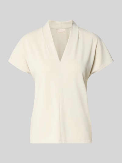 Produktfoto, Regular Fit Bluse mit V-Ausschnitt Modell 'Yrsa' von FREE/QUENT in Creme, Elastischer-Material-Mix, Stehkragen, Kurzarm, Damen, Rückenlänge bei Größe S: 58 cm