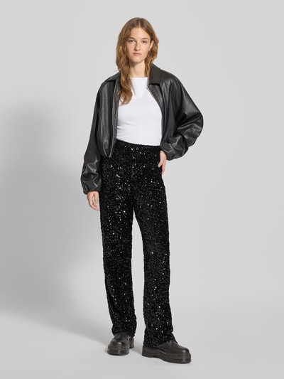 Pieces Spodnie szerokie z cekinowym obszyciem model ‘KAM’ Czarny 1