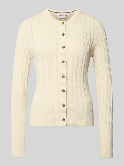 Produktfoto, crèmekleurige Strickjacke mit Knopfleiste van Jake*s Casual, katoen, regular fit, geribde boorden, ronde hals, textuur met kabelpatroon.