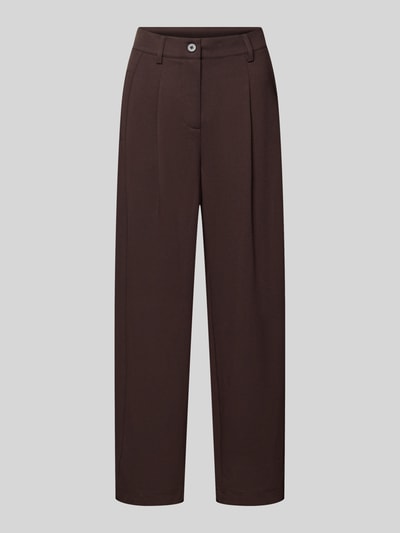 Produktfoto, braune Wide Fit Hose mit Bundfalten und Viskose-Anteil, Modell 'Nanni' von FREE/QUENT, elastischer Material-Mix, neutraler Hintergrund.