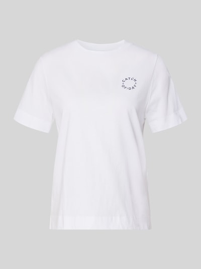 Produktfoto, weißes Damen T-Shirt mit Rundhalsausschnitt von Rich & Royal aus reiner Baumwolle, Regular-Fit, Statement-Print, Rückenlänge 59 cm bei Größe S