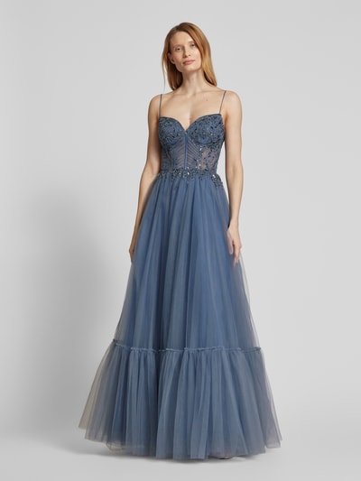 Luxuar Abendkleid mit Zierstein- und Paillettenbesatz Rauchblau 4