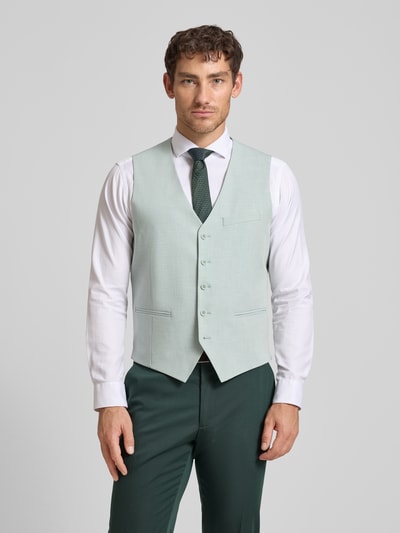 Männermodel trägt Regular Fit Anzugweste mit Viskose-Anteil von s.Oliver BLACK LABEL in mêlee mit doorlopende knoopsluiting, V-hals, detail: cinch, regular fit pasvorm en paspelzakken, ganzkörperansicht von vorne