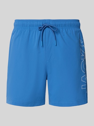 Produktfoto, blauwe heren zwembroek van Jack & Jones met labelprint, elastische band, regular fit, Badehose mit Label-Print Modell 'MAUI WAVE'.
