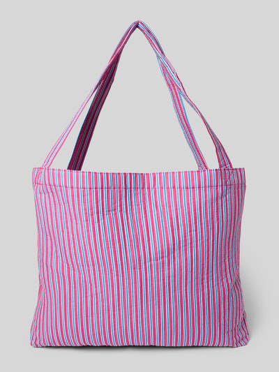 Produktfoto, Tote Bag mit Logo-Patch Modell 'Poplin' od STUDIO NOOS, paski różowe, niebieskie i białe, otwarta komora główna, Szerokość w rozmiarze 1: 52 cm, długość: 43 cm, głębokość: 8 cm, długość paska: 74 cm