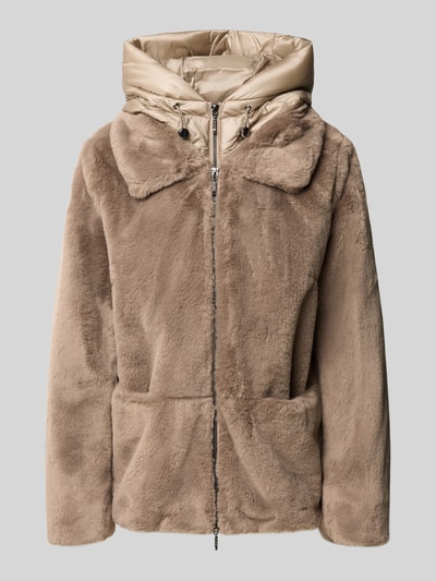 Productfoto, Regular Fit Jacke aus Kunstfell van Amber & June, lichtbruine kunstvacht, gevoerde capuchon, tunnelkoord, ritssluiting, maat 36: ruglengte 69 cm, schouderbreedte 41 cm, borstwijdte 52 cm, mouwlengte 64 cm