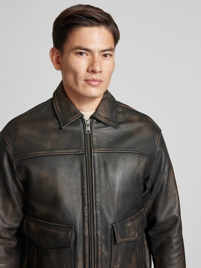 Jack & Jones Premium Leren jack met kentkraag, model 'WALLACE' Donkerbruin - 3