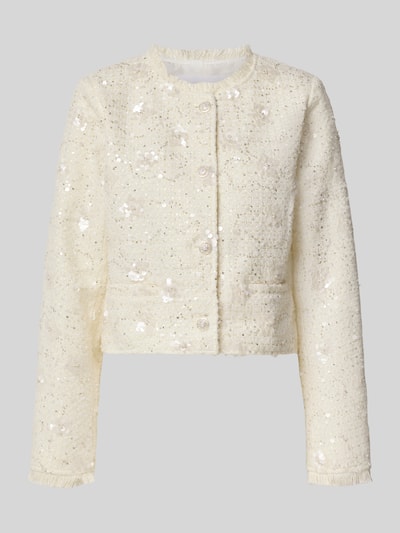 Produktfoto, Slim Fit Blazer mit Stretch-Anteil Modell 'LOUISA' van YAS, elastische materiaalmix, Bouclé, pailletten en siersteentjes, ronde hals met franjes, doorlopende knoopsluiting, opgestikte steekzakken, mouwboorden met franjes, ruglengte maat 36: 46 cm
