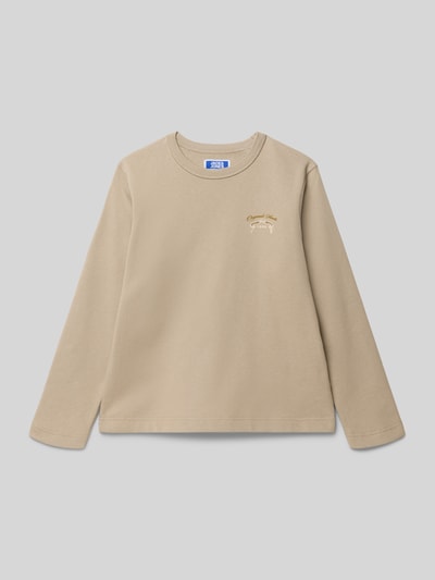Produktfoto, Regular Fit Sweatshirt mit Logo-Print Modell 'Upstate' von Jack & Jones in Beige, reine Baumwolle, Rundhalsausschnitt, glatte Textur