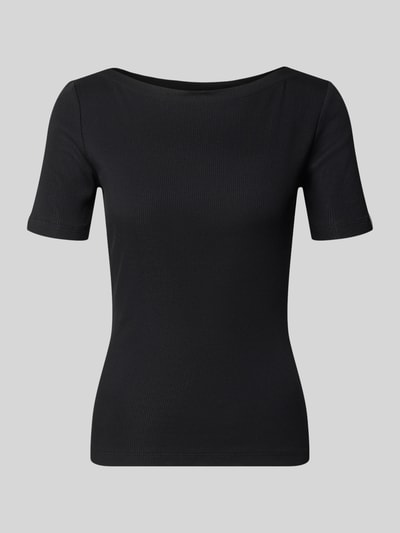 Produktfoto, schwarzes Slim Fit T-Shirt mit Strukturmuster Modell 'Klenja' von Someday, elastischer Baumwoll-Mix, U-Boot-Ausschnitt, kurzärmeliges Design, Rückenlänge 56 cm bei Größe 36.
