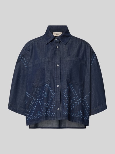 Productfoto, donkerblauwe denim boxy fit jeansblouse uit pure katoen met lichtblauwe sierstiksels, Boxy Fit Jeansbluse aus reiner Baumwolle Modell 'ALARE' van Weekend Max Mara