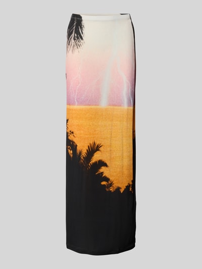 Produktfoto, Maxirock aus Viskose-Mix von Rabanne mit Allover-Foto-Print in Gelb, Schwarz und Rosa, elastischer Bund, Straight Fit, Maxilänge.