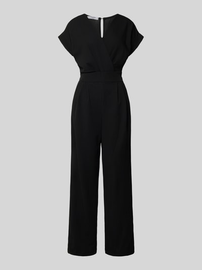 Produktfoto, schwarzer Jumpsuit mit V-Ausschnitt und Eingrifftaschen, Modell 'Ko44a' von ZABAIONE, Material-Mix mit Stretch-Anteil, Regular Fit