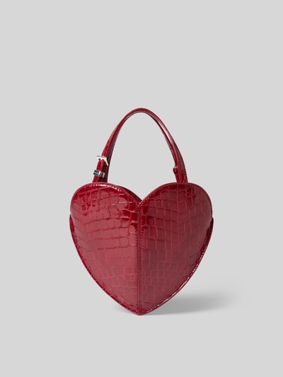 Produktfoto, Crossbody Bag aus echtem Leder von ROTATE in Herzform, rotes Schlangenmuster, kurze Tragehenkel, schmaler Schulterriemen, Hauptfach mit Zipper, Maße ca. 23x19x4 cm.