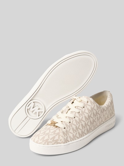 Productfoto, Sneaker met allover-logo-print model 'Keaton' van MICHAEL Michael Kors, beige lederlook, afgeronde pasvorm, gladde zool, vetersluiting, hakhoogte 3 cm, schachthoogte 6 cm, schachtwijdte 9 cm