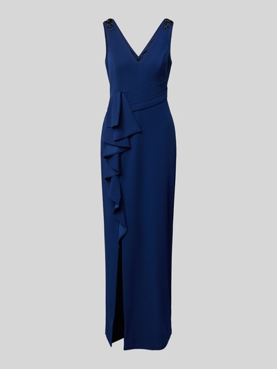 Produktfoto, Sukienka wieczorowa 'Regular Fit Abendkleid mit Rüschenbesatz' od Adrianna Papell, elastyczna mieszanka materiałów, krój regular fit, obszycie falbanami, dekolt w serek, bez rękawów, wszyty zamek błyskawiczny, długość tyłu w rozmiarze 36: 150 cm, szerokość w rozmiarze 36: 43 cm, granatowa, prosta forma, gładka tekstura