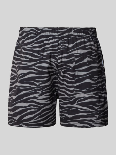 Produktfoto, Regular Fit Badeshorts mit Allover-Animal-Print Modell 'Maui' von Jack & Jones, elastischer Bund mit Tunnelzug, schwarz-grau gestreift