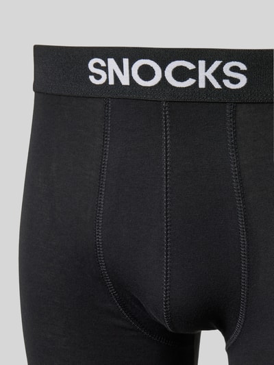 Produktfoto, Boxershorts mit elastischem Label-Bund von Snocks aus gewachstem Baumwollmix mit Stretch, schwarze Farbe, sichtbare Inside-Out-Nähte
