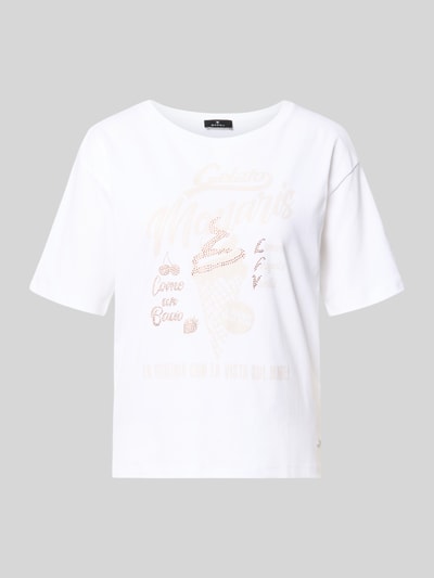 Produktfoto, weißes Regular Fit T-Shirt mit Ziersteinbesatz Modell 'Ice Cream' von monari, reine Baumwolle, Rundhalsausschnitt, glatte Textur.