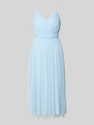 Produktfoto, Cocktailkleid mit Spaghettiträgern von LACE & BEADS in hellblauem Chiffon, taillierter Midikleid-Schnitt, V-Ausschnitt, feine Stoffstruktur