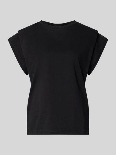 Produktfoto, czarne T-Shirt z drapowaniami model 'PIO' od Bash, czysta bawełna, krój regular fit, okrągły dekolt, długość pleców w rozmiarze S: 60 cm