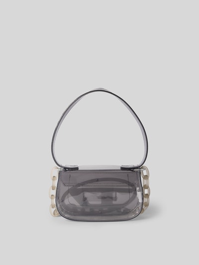 Produktfoto, Shoulder Bag mit Logo-Detail von Diesel in transparentem Grau, rechteckige Form, Überschlag, doppelter Schulterriemen, Magnetverschluss, 19x14x6 cm.