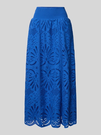 Produktfoto, Midirock mit Lochstickerei Modell 'SANGALLO' von Stefanel in intensivem Blau, Reine Baumwolle, A-Linie, Smok-Bund, florales Muster
