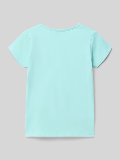 Produktfoto, Kinder T-Shirt mit Motiv und Rundhalsausschnitt von DANAMADE aus Baumwoll-Elasthan-Mix in Regular-Fit, Rückansicht, Farbe hellblau, Rückenlänge bei Größe 116: 43 cm