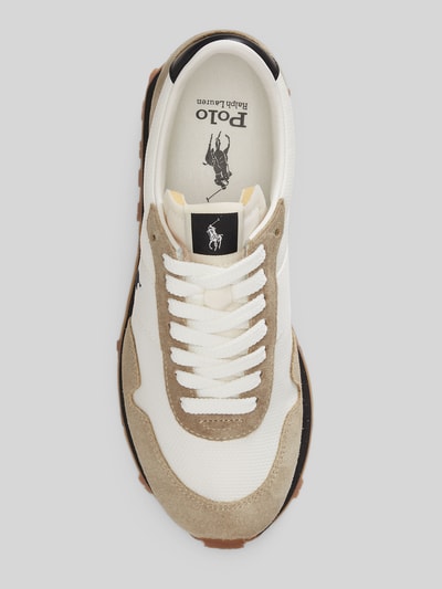 Produktfoto, Sneaker mit Schnürverschluss Modell 'PRL TRAIL 125' von Polo Ralph Lauren, biały i beżowy miks skóry, zaokrąglony nosek, detale z logo, teksturowana podeszwa, wysokość obcasa w rozmiarze 40: 4 cm, wysokość cholewki: 8 cm, szerokość w rozmiarze 40: 7 cm