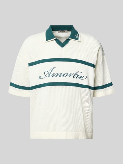 Produktfoto, Regular Fit Poloshirt aus Baumwoll-Mix Modell 'ACE LIFE' von Only & Sons, Two-Tone-Optik, Struktur, gestreift, Schriftzugstickerei, Johnny-Kragen, 1/2-Arm, gerippter Ärmel- und Rumpfabschluss, Strick, creme mit grün.