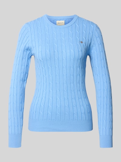 Produktfoto, Strickpullover mit Zopfmuster und Label-Stitching von Gant, dames gebreide pullover van katoenmix met stretch, slim fit, kabelpatroon, ronde hals, labelstitching, ruglengte maat S 58 cm, mouwlengte maat S 61 cm