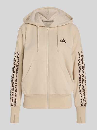 Produktfoto, Relaxed Fit Sweatjacke aus Baumwoll-Mix mit Logo-Stitching von adidas, cremefarben mit Leo-Muster und Markenlogo, Damen Sweatjacke von adidas Sportswear