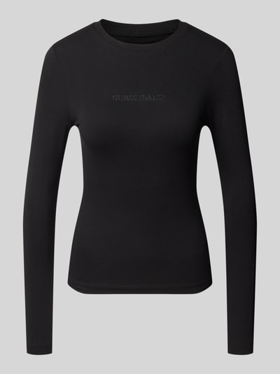 Produktfoto, Skinny Fit Longsleeve aus Baumwoll-Mix von GUESS, schwarz, schmal geschnitten, Rundhalsausschnitt, Logo-Stitching, Damen Longsleeve