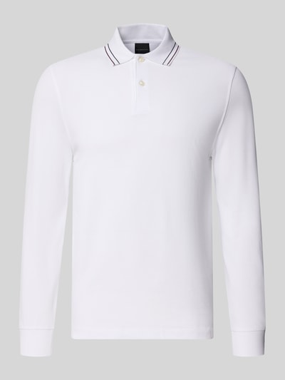Produktfoto, Regular Fit Langarm-Poloshirt mit Knopfleiste von bugatti, weiß mit Kontraststreifen am Polokragen, reine Baumwolle