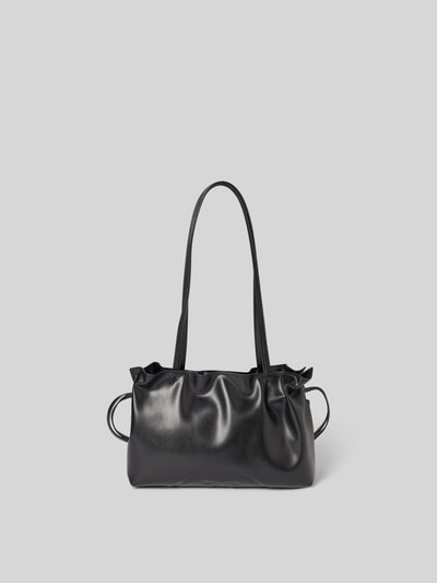 Produktfoto, Shoulder Bag mit Raffungen Modell 'Ella' von Tory Burch in Schwarz, glatte Textur, rechteckige Form, schmale Schulterriemen, Maße 24x20x10 cm, Magnetverschluss und Reißverschlusstasche innen