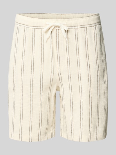 Produktfoto, Regular Fit Shorts mit Tunnelzug von Jack & Jones aus reiner Baumwolle, cremefarben mit braunen Streifen, sichtbare Gesäßtasche, strukturierte Oberfläche