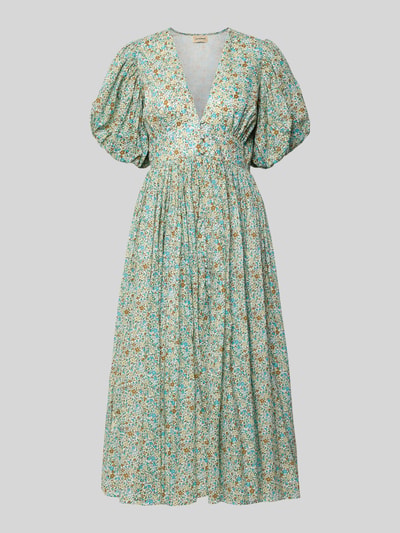 Produktfoto, Cocktailkleid mit V-Ausschnitt und Puffärmeln von LACE & BEADS in Hellblau mit Blumenmuster, A-Linie, reine Baumwolle, Midikleid