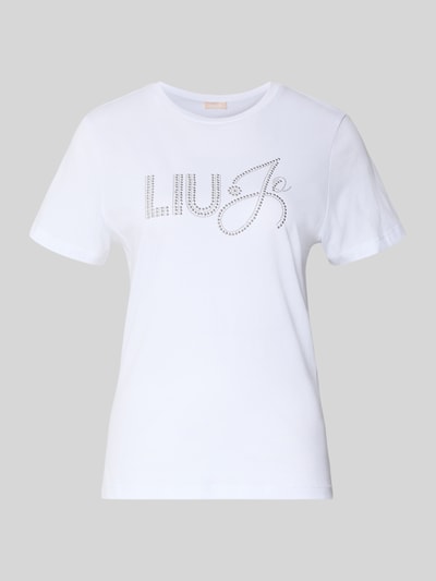 Produktfoto, weißes T-Shirt mit Label-Detail von Liu Jo White aus reiner Baumwolle, Slim Fit, gerippter Rundhalsausschnitt, Produktname T-Shirt mit Label-Detail, Rückenlänge 62 cm in Größe S.