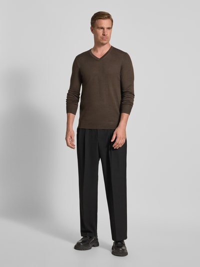 Christian Berg Men Gebreide pullover van een mix van merinowol met V-hals Donkerbruin gemêleerd - 1