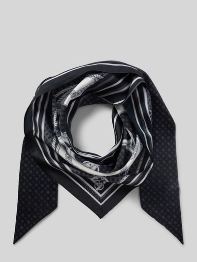 Produktfoto, Bandana mit Label-Print von Guess, quadratisch, schwarz mit weißem Muster, leichte Textur, Maße 89 x 89 cm