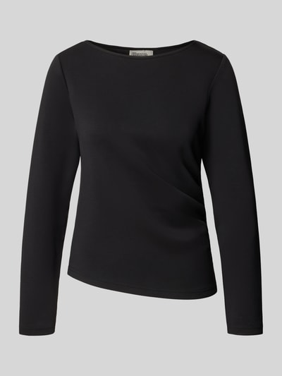 Produktfoto, zwart shirt met lange mouwen van elastische materiaalmix met modal, regular fit, geplooide details, boothals, Model 'Helle' van My Essential Wardrobe, ruglengte maat S: 62 cm