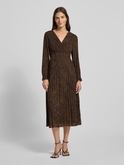 Jake*s Collection Midi-jurk met plissévouwen en V-hals Donkerbruin - 4
