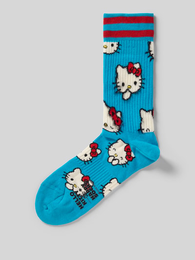 Produktfoto, Socken aus Baumwoll-Mix Modell 'HELLO KITTY SMILES' von Happy Socks, blau mit buntem Hello Kitty Motiv, elastisches Rippenbündchen, Label-Detail