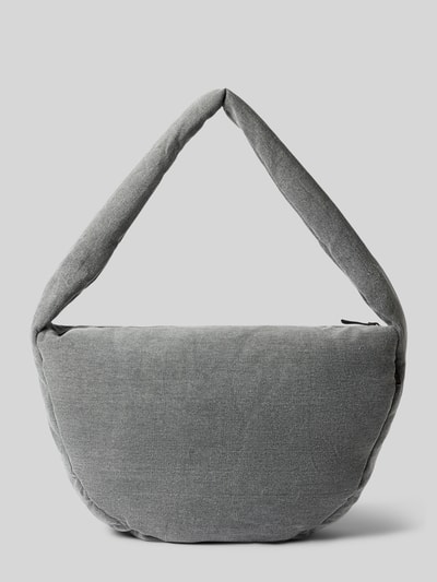 Produktfoto, Shoulder Bag aus reiner Baumwolle in Denim-Optik von Studio Noos, graue Tasche mit Reißverschluss und Logo-Detail, strukturierte Oberfläche