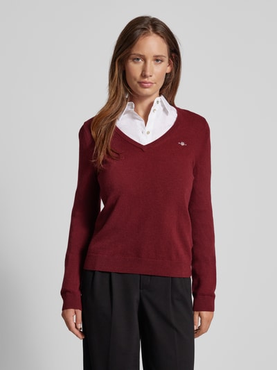 Gant Wollen pullover met V-hals Bordeaux - 4