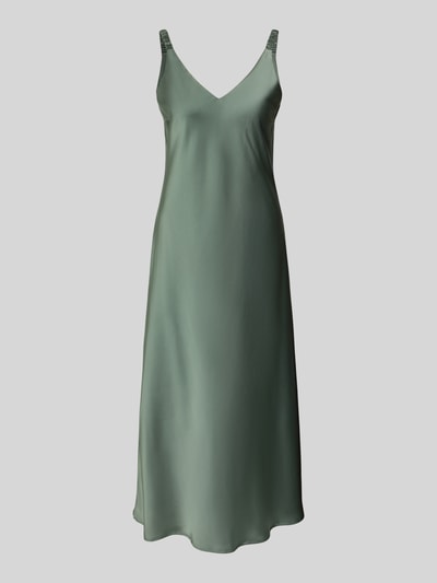Produktfoto, Regular Fit Midikleid mit V-Ausschnitt von V by Vera Mont aus Satin in grünlicher Farbe, ärmelloses Design, Raffung, Rückenausschnitt, glatte Textur, Rückenlänge bei Größe 36: 129 cm, Brustweite: 37 cm.